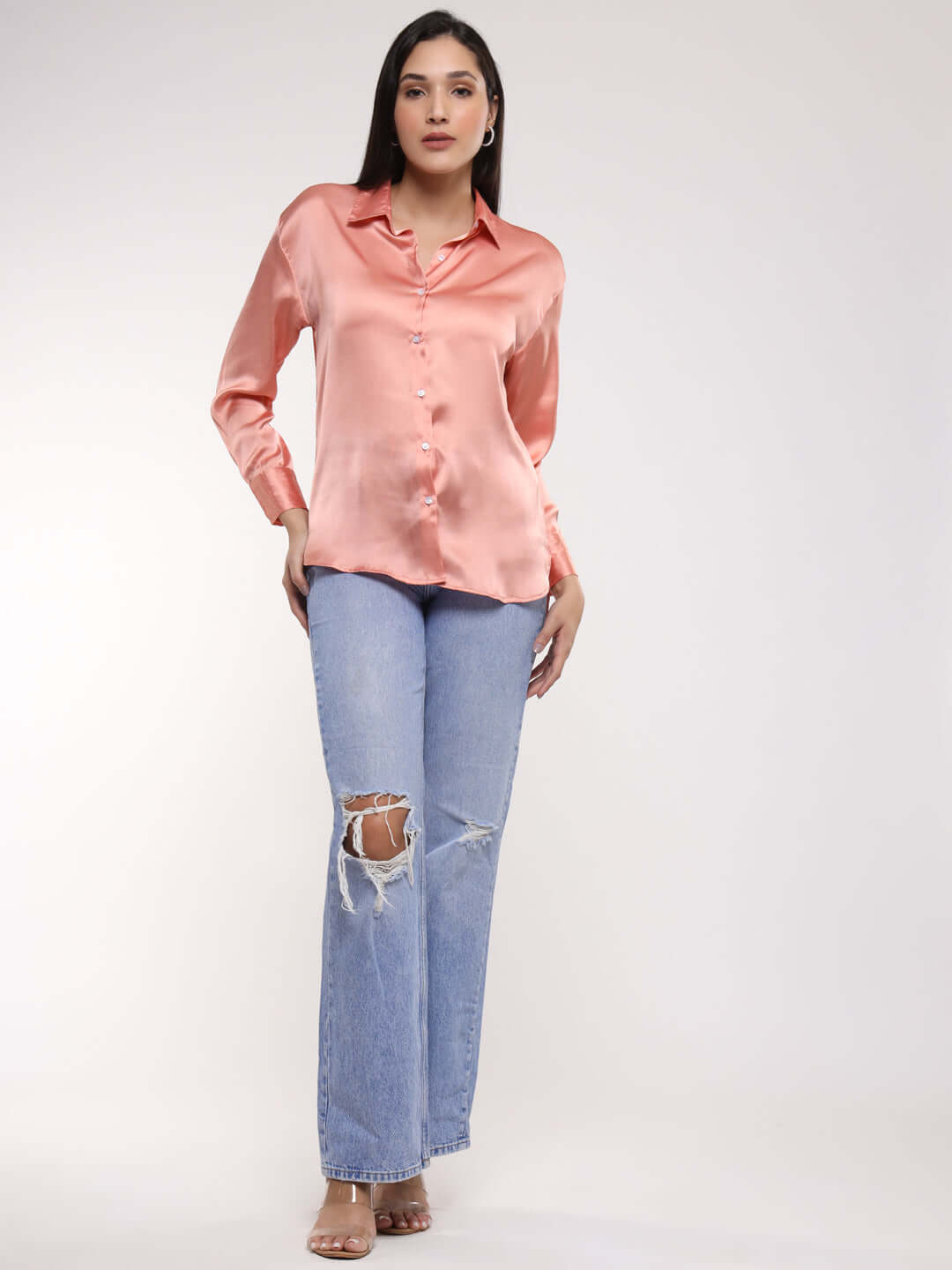 Women'S Premium Peachy Pink Drop Shoulder Oversized Satin Shirt