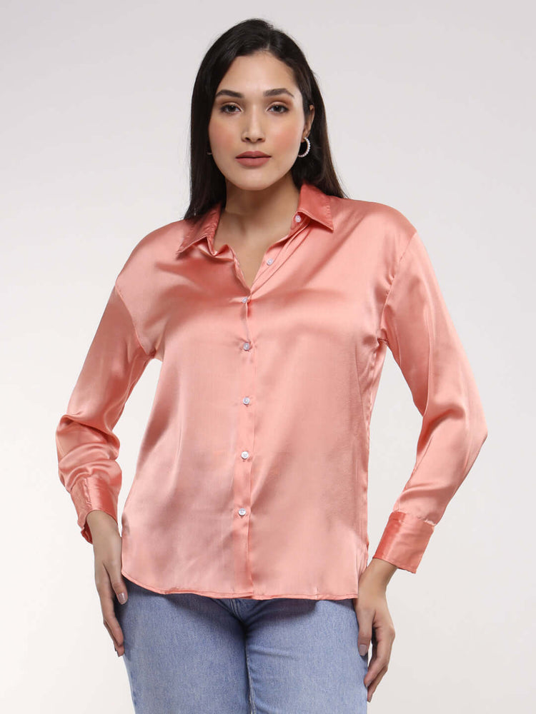 Women'S Premium Peachy Pink Drop Shoulder Oversized Satin Shirt
