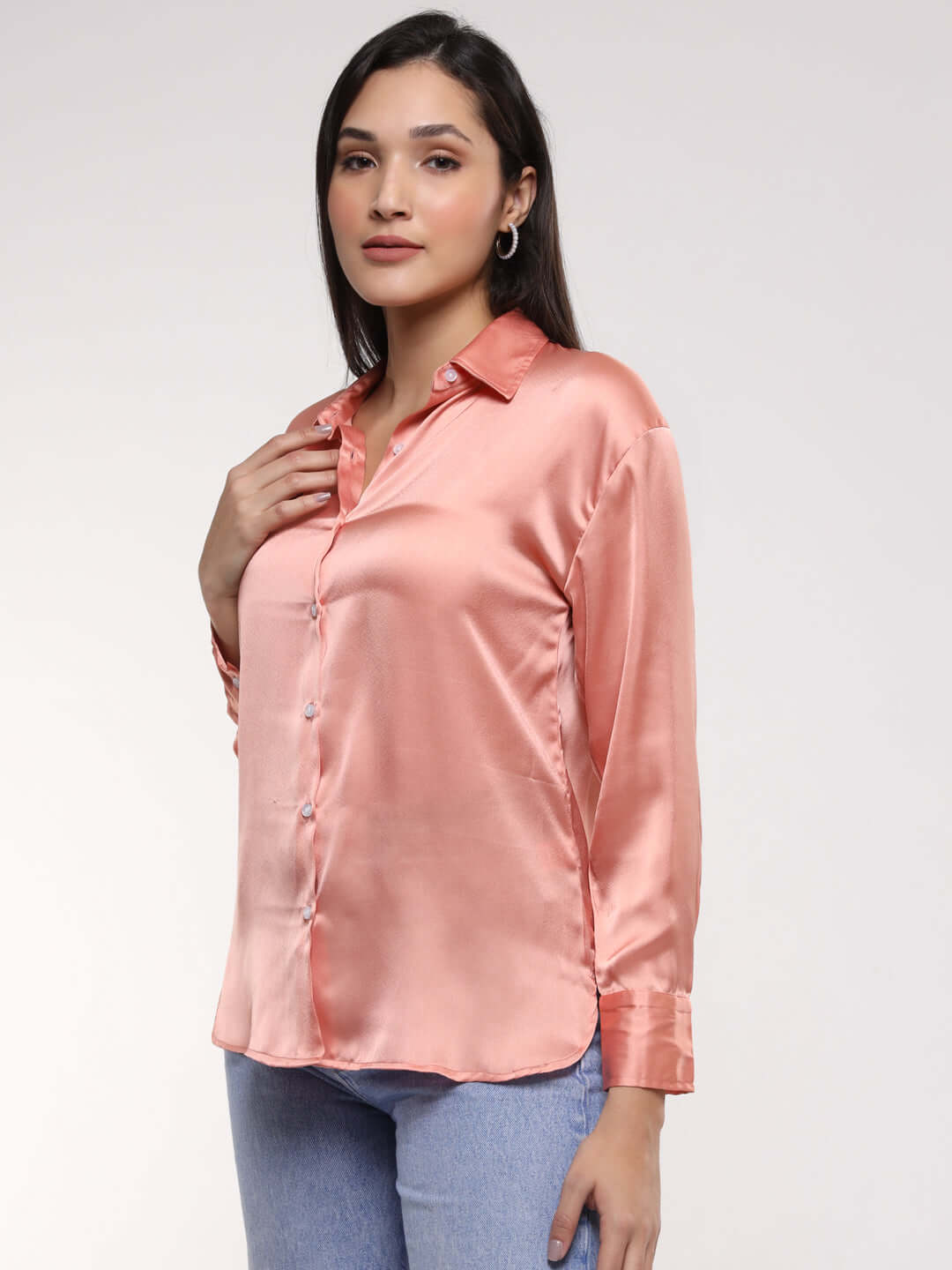 Women'S Premium Peachy Pink Drop Shoulder Oversized Satin Shirt