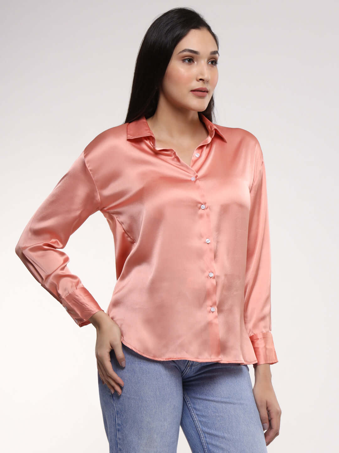 Women'S Premium Peachy Pink Drop Shoulder Oversized Satin Shirt