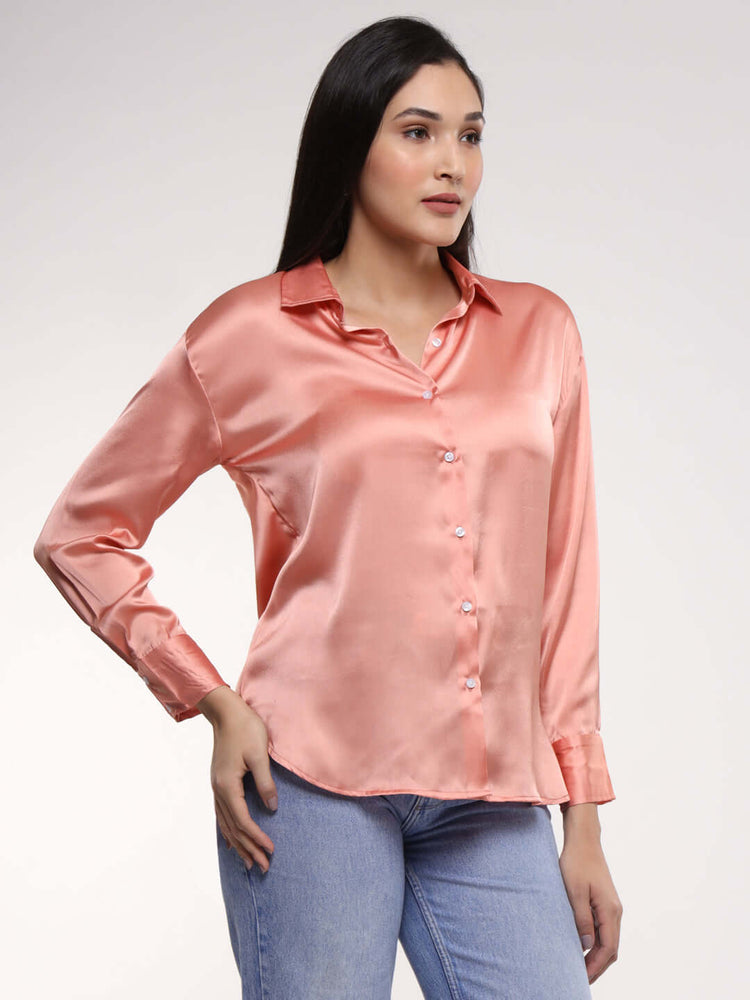 Women'S Premium Peachy Pink Drop Shoulder Oversized Satin Shirt