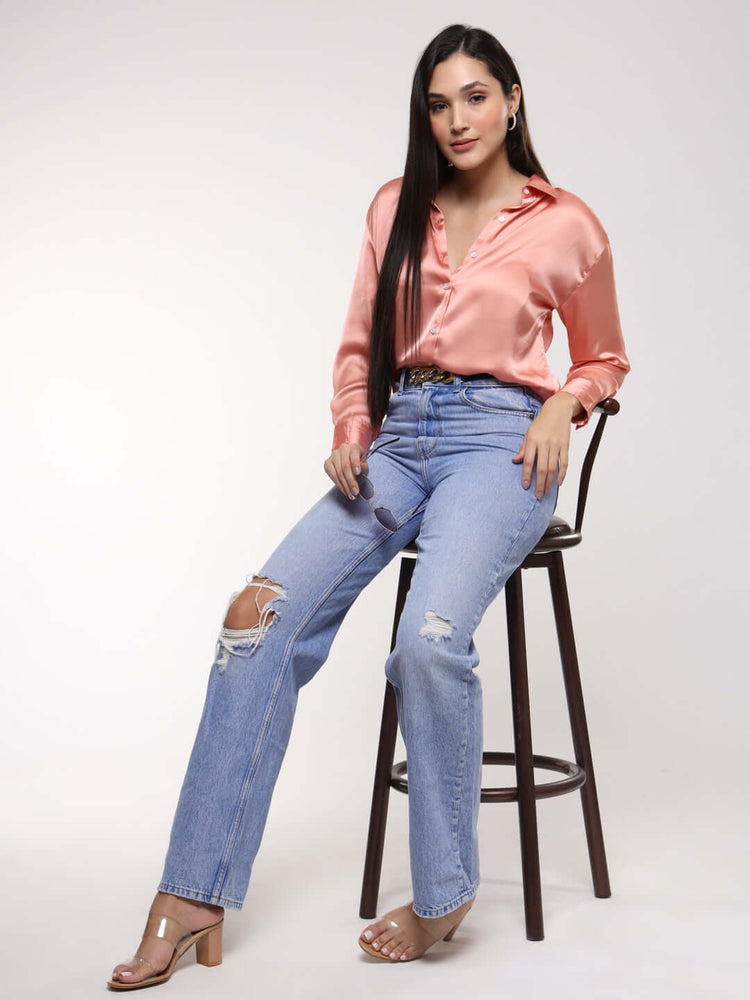 Women'S Premium Peachy Pink Drop Shoulder Oversized Satin Shirt