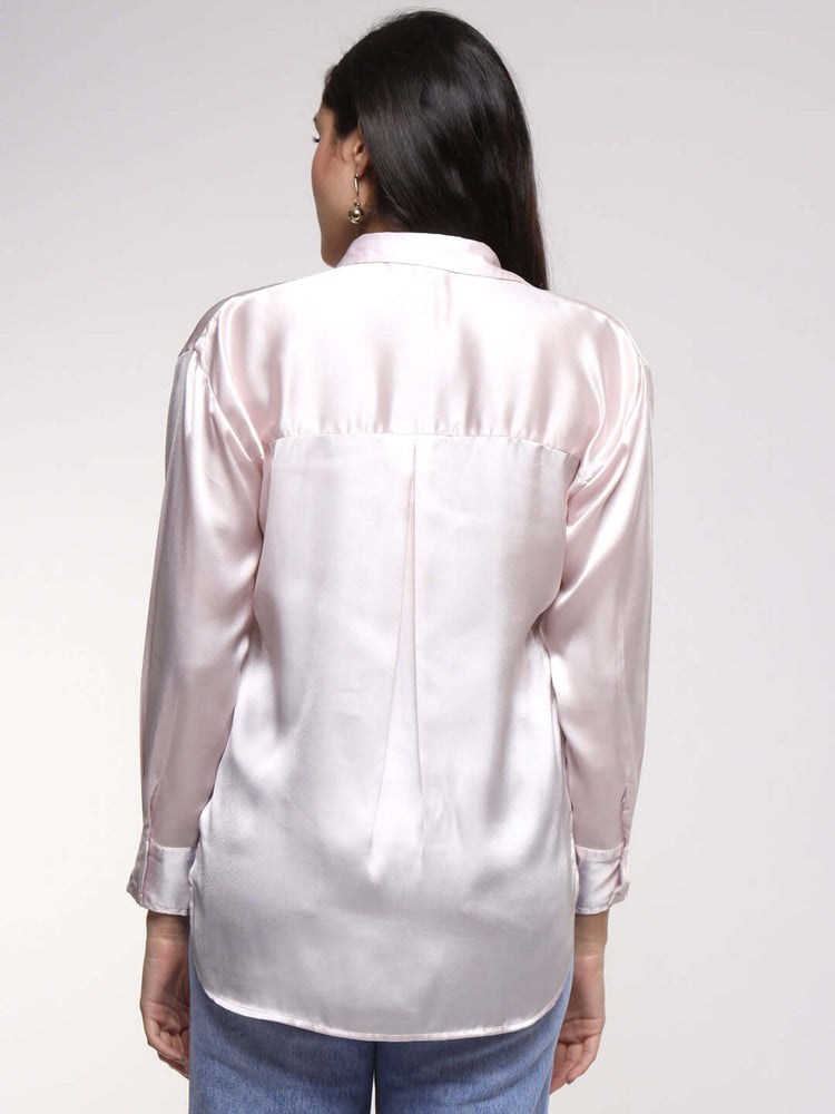 Women'S Premium Baby Pink Drop Shoulder Oversized Satin Shirt