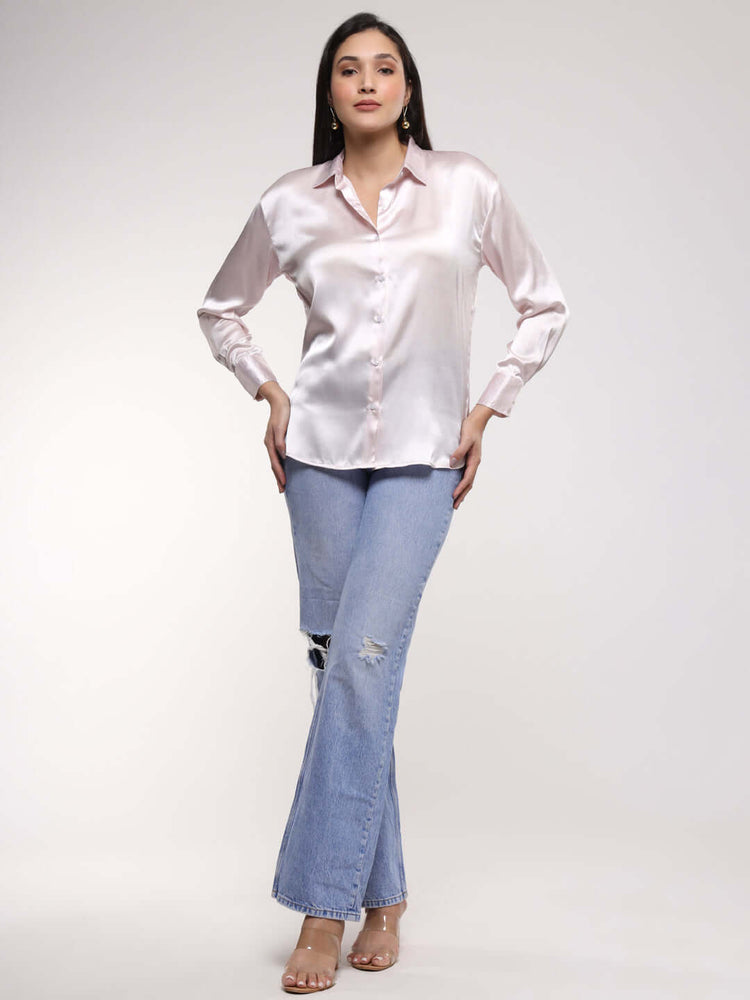 Women'S Premium Baby Pink Drop Shoulder Oversized Satin Shirt