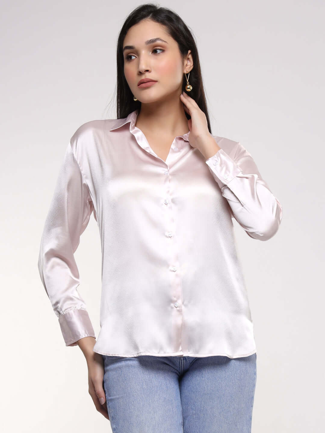 Women's Premium Baby Pink Drop Shoulder Oversized Satin Shirt