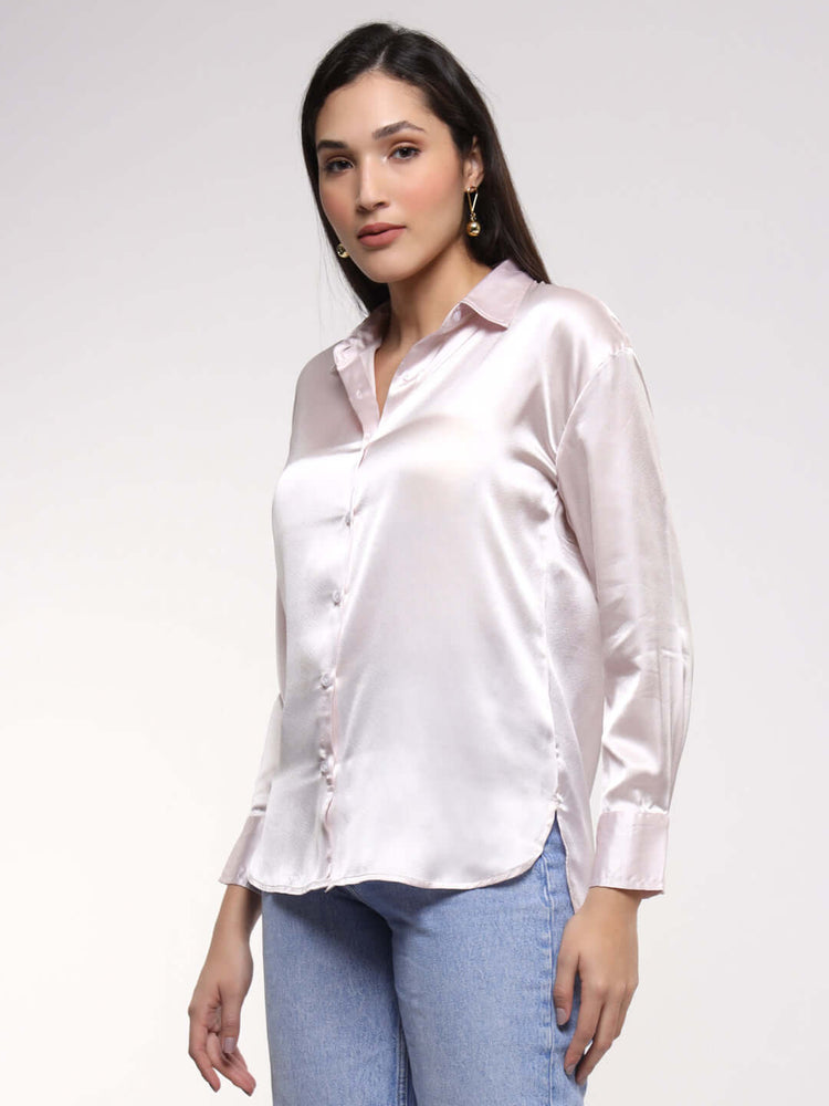 Women'S Premium Baby Pink Drop Shoulder Oversized Satin Shirt