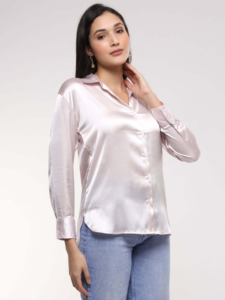 Women'S Premium Baby Pink Drop Shoulder Oversized Satin Shirt