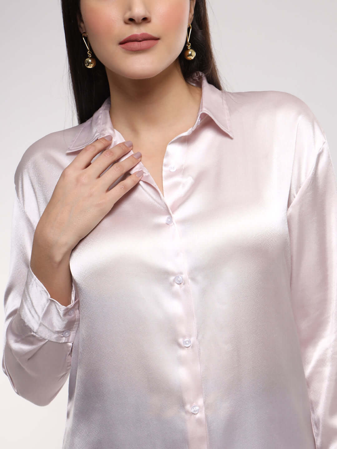 Women'S Premium Baby Pink Drop Shoulder Oversized Satin Shirt