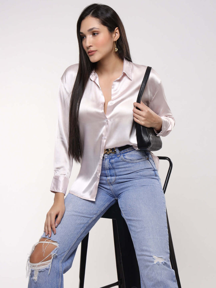 Women'S Premium Baby Pink Drop Shoulder Oversized Satin Shirt