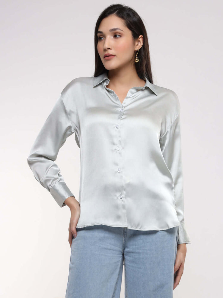 Women's Premium Grey Drop Shoulder Oversized Satin Shirt