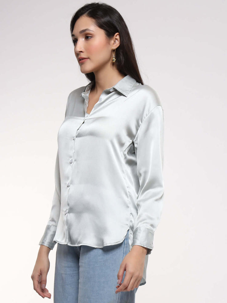 Women's Premium Grey Drop Shoulder Oversized Satin Shirt