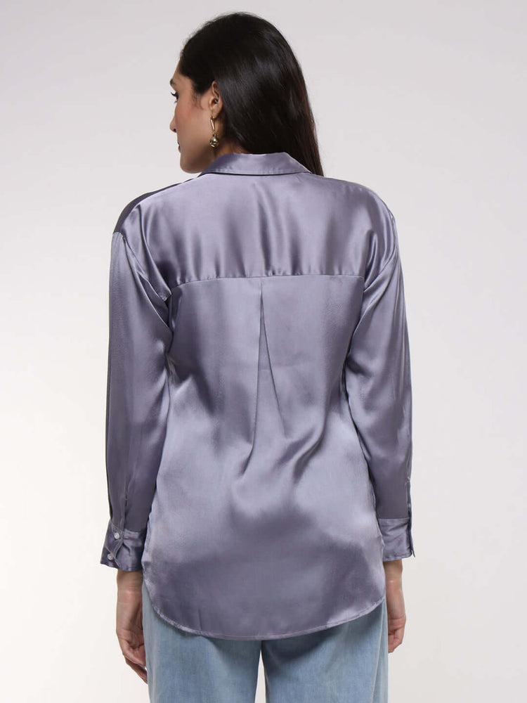 Women's Premium Bluish Grey Drop Shoulder Oversized Satin Shirt