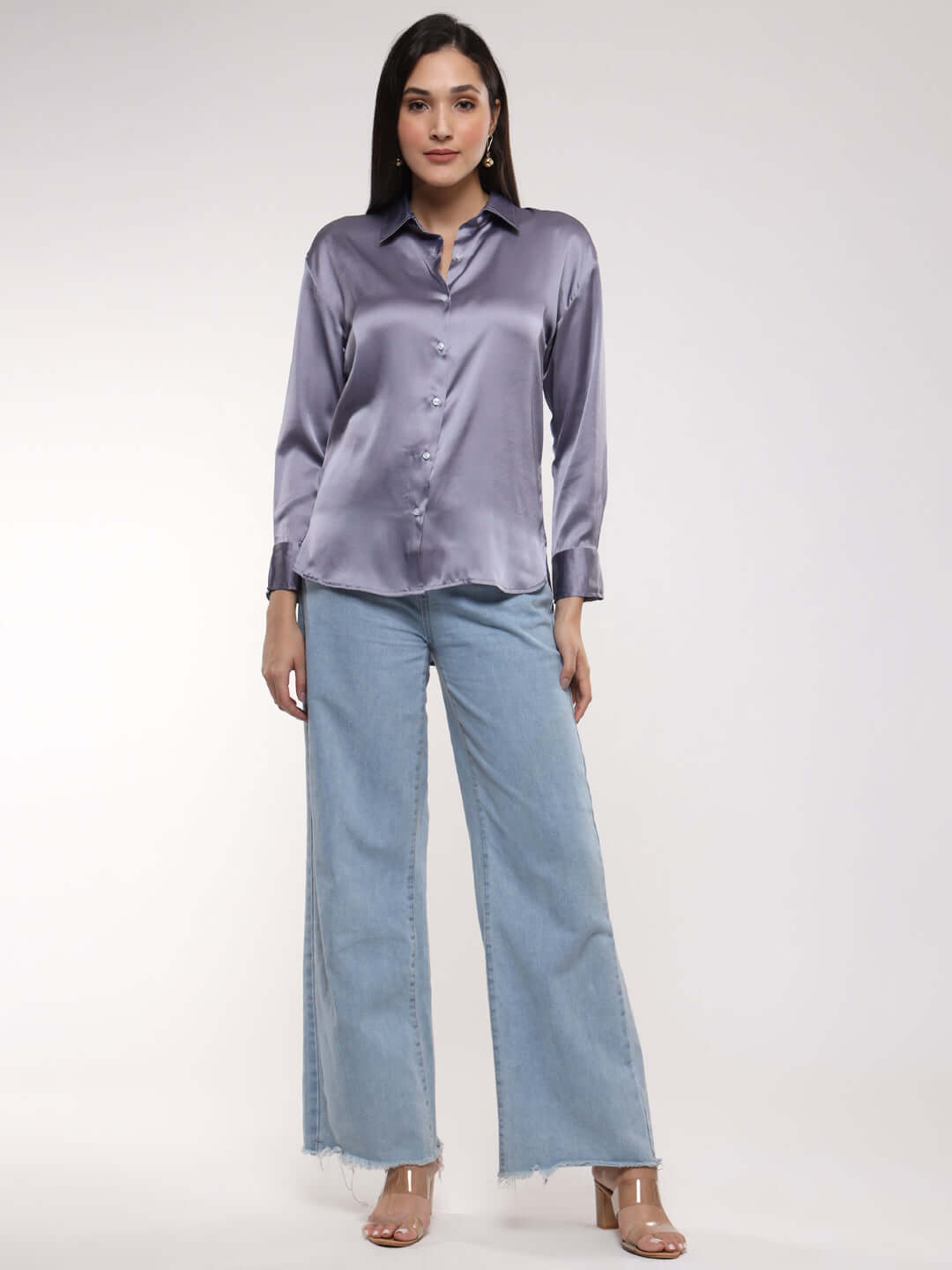 Women's Premium Bluish Grey Drop Shoulder Oversized Satin Shirt