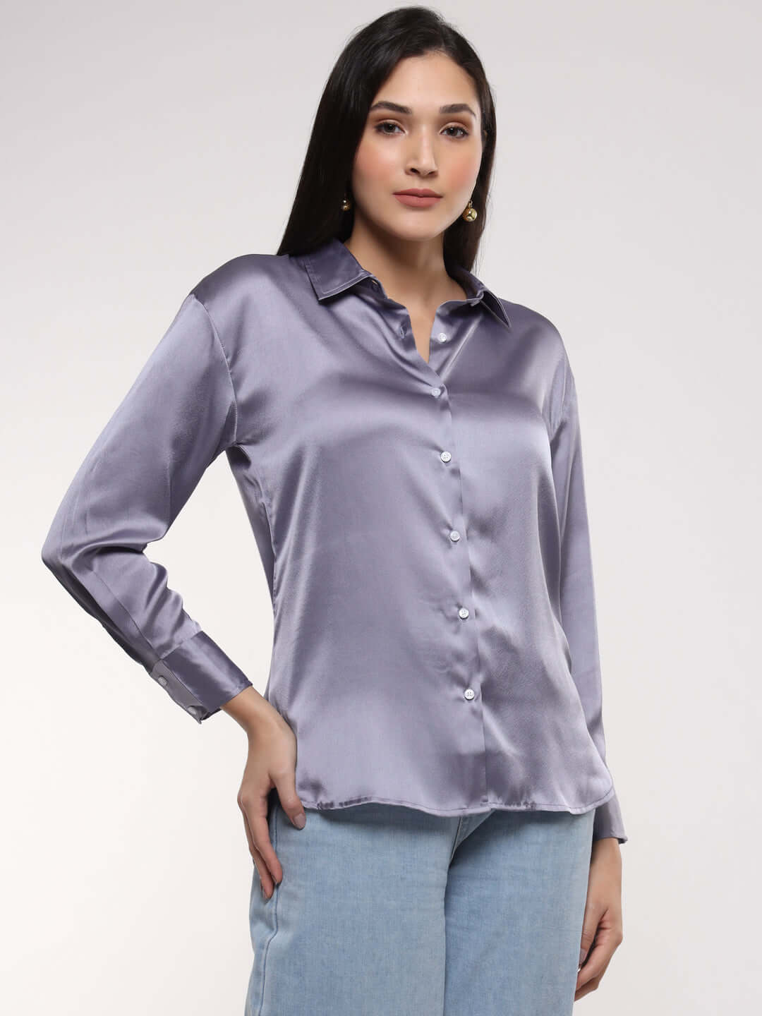 Women's Premium Bluish Grey Drop Shoulder Oversized Satin Shirt