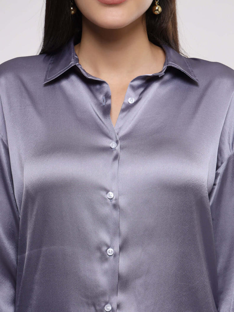 Women's Premium Bluish Grey Drop Shoulder Oversized Satin Shirt
