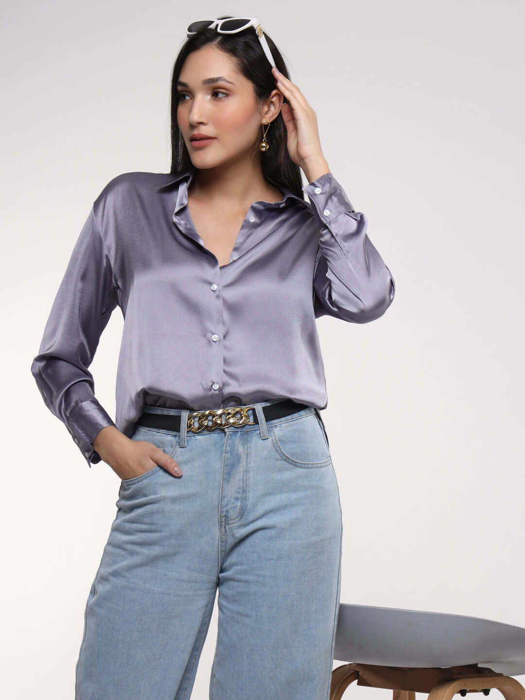 Women's Premium Bluish Grey Satin Shirt