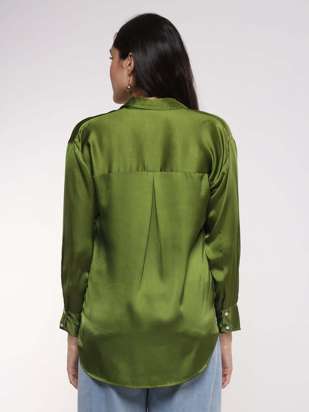 Women'S Premium Olive Drop Shoulder Oversized Satin Shirt