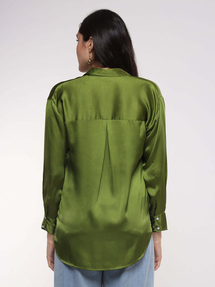 Women'S Premium Olive Drop Shoulder Oversized Satin Shirt
