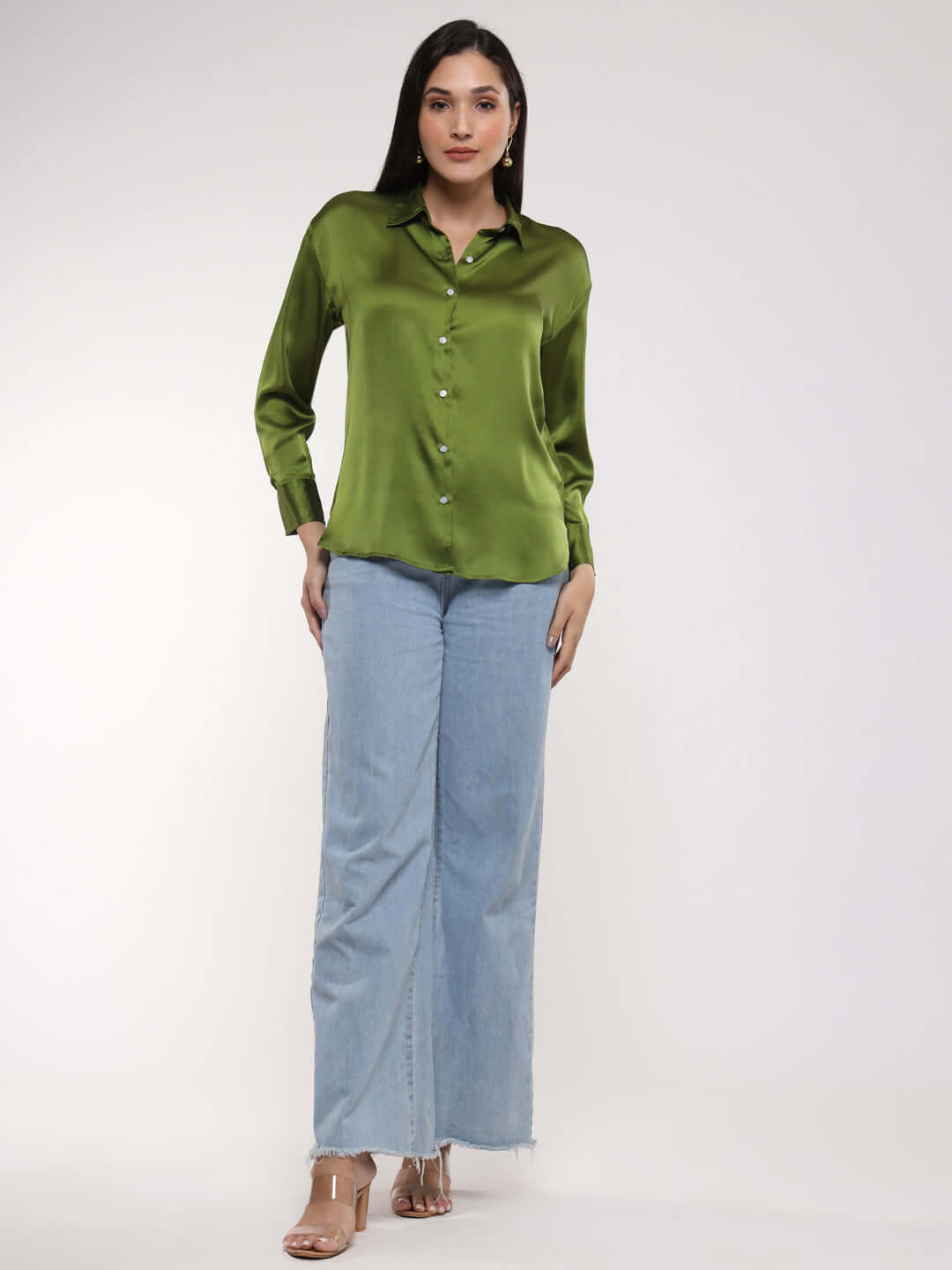 Women'S Premium Olive Drop Shoulder Oversized Satin Shirt