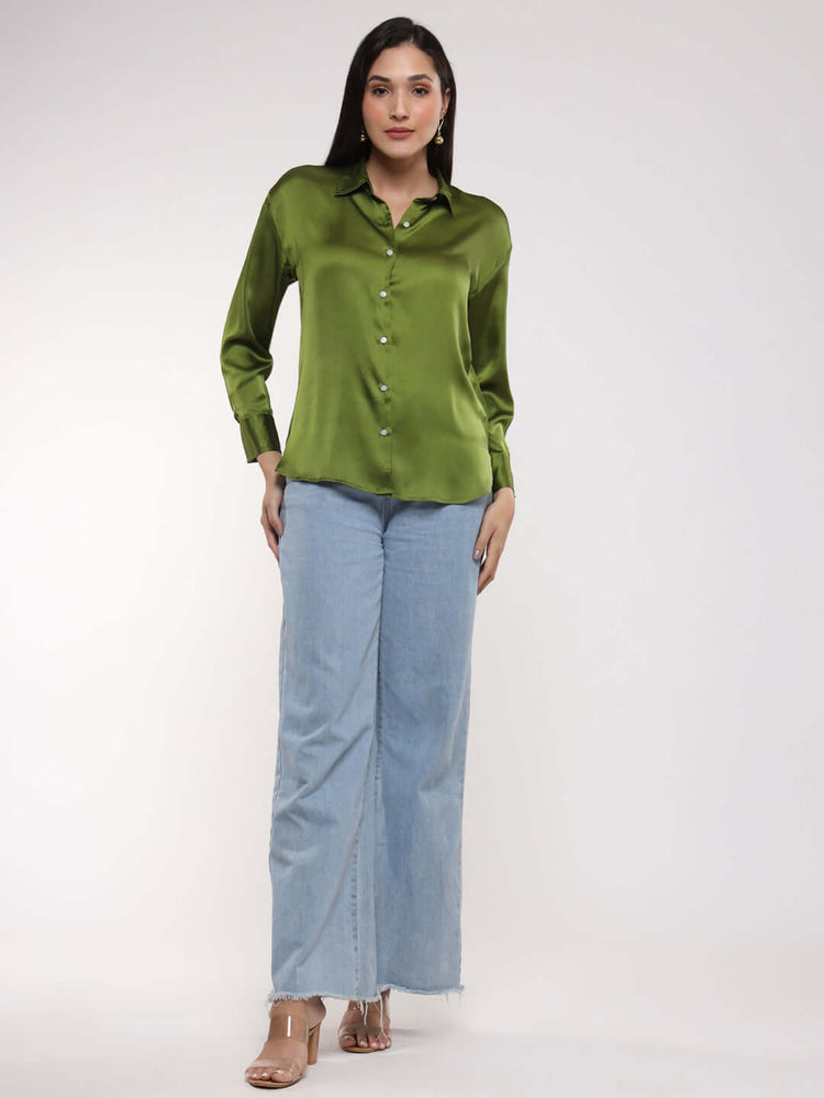 Women'S Premium Olive Drop Shoulder Oversized Satin Shirt