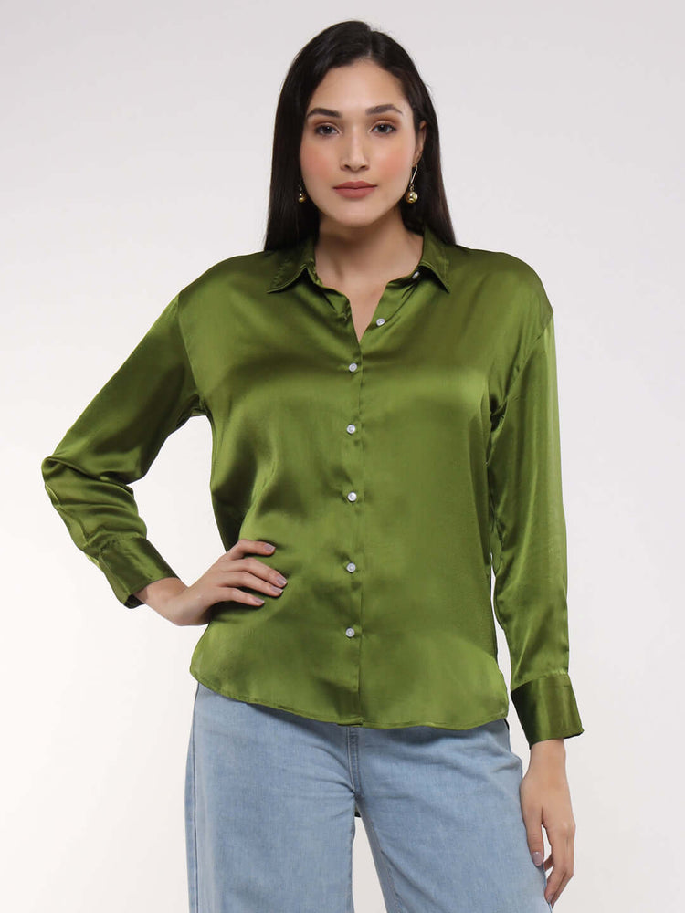 Women'S Premium Olive Drop Shoulder Oversized Satin Shirt