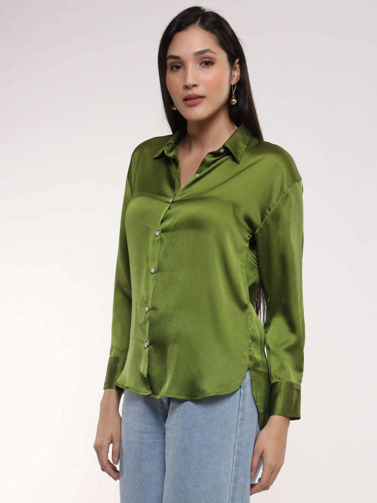 Women'S Premium Olive Drop Shoulder Oversized Satin Shirt