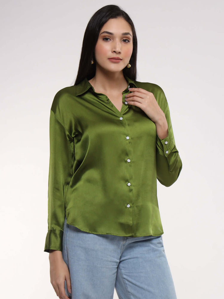 Women'S Premium Olive Drop Shoulder Oversized Satin Shirt