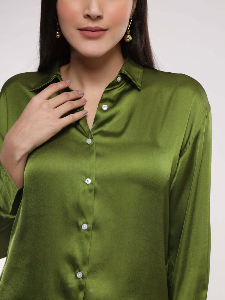Women'S Premium Olive Drop Shoulder Oversized Satin Shirt