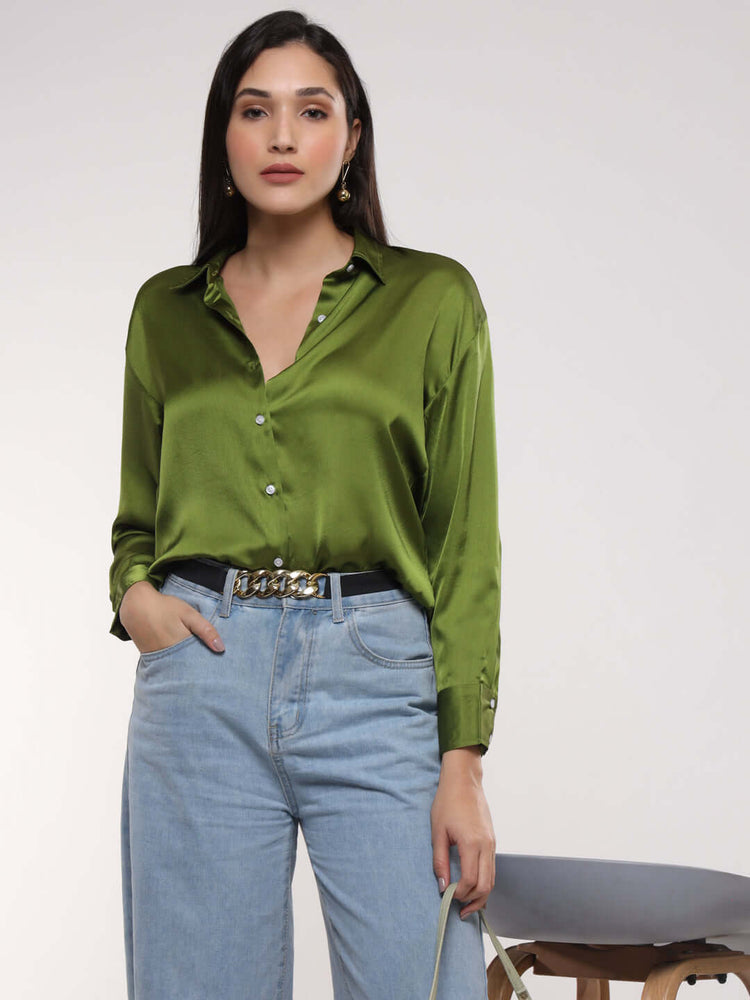 Women'S Premium Olive Drop Shoulder Oversized Satin Shirt