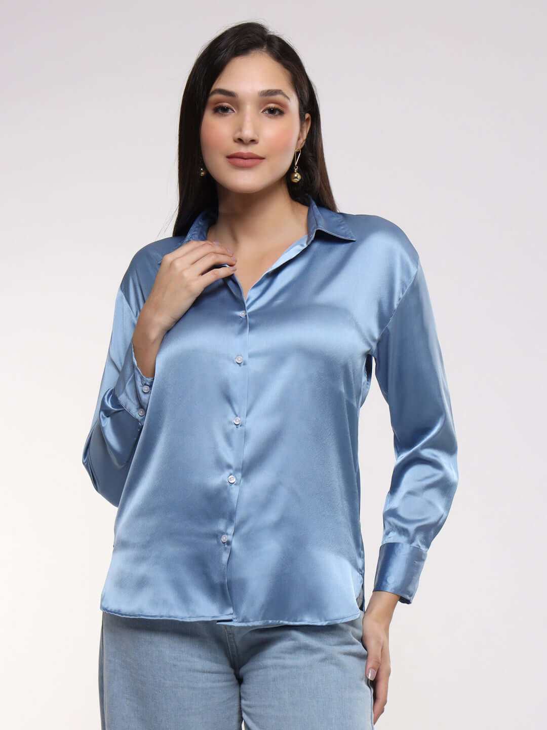 Women's Premium Marble Blue Satin Shirt