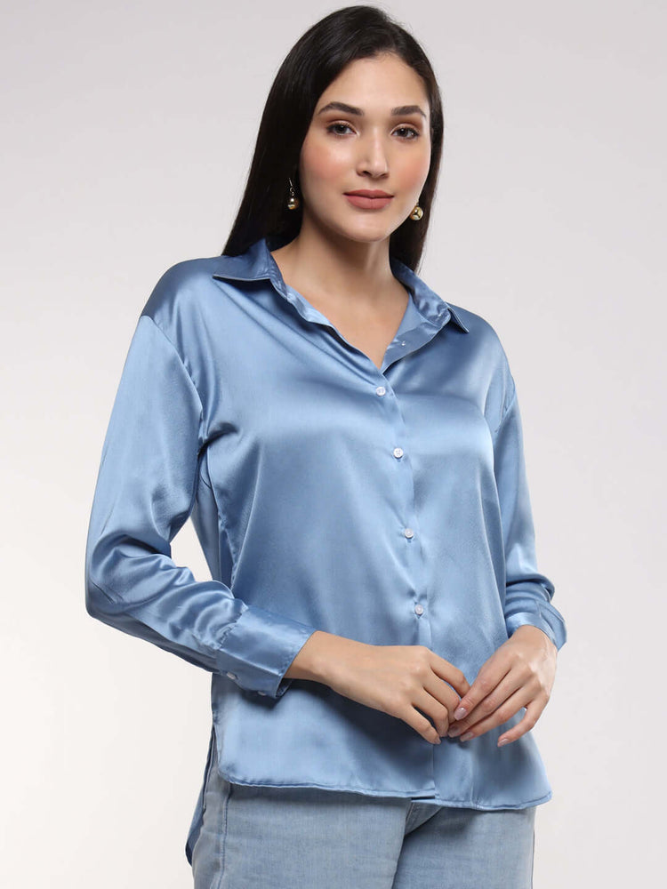 Women'S Premium Marble Blue Drop Shoulder Oversized Satin Shirt