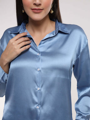 Women's Premium Marble Blue Drop Shoulder Oversized Satin Shirt