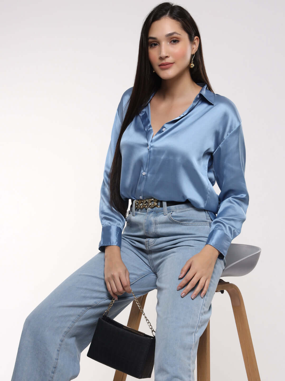 Women's Premium Marble Blue Satin Shirt