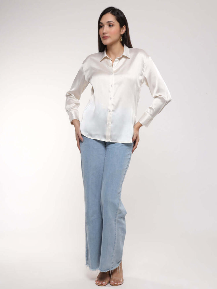 Women'S Premium Vanilla Drop Shoulder Oversized Satin Shirt
