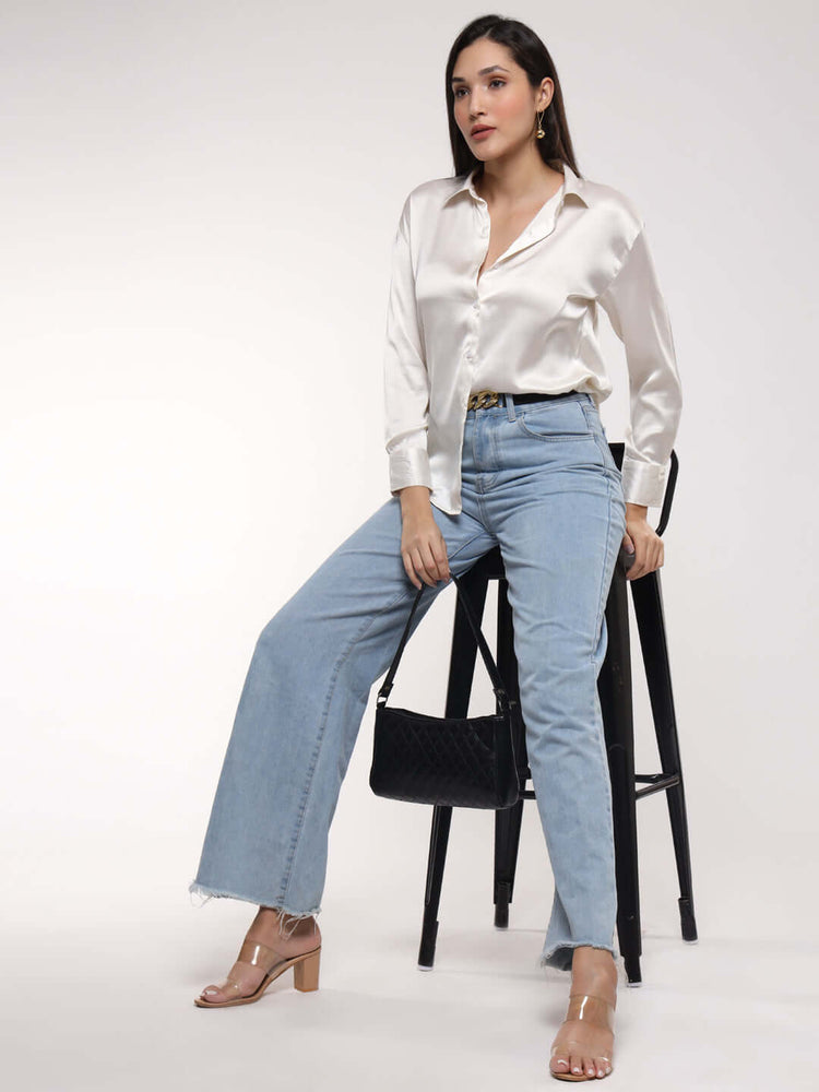 Women'S Premium Vanilla Drop Shoulder Oversized Satin Shirt