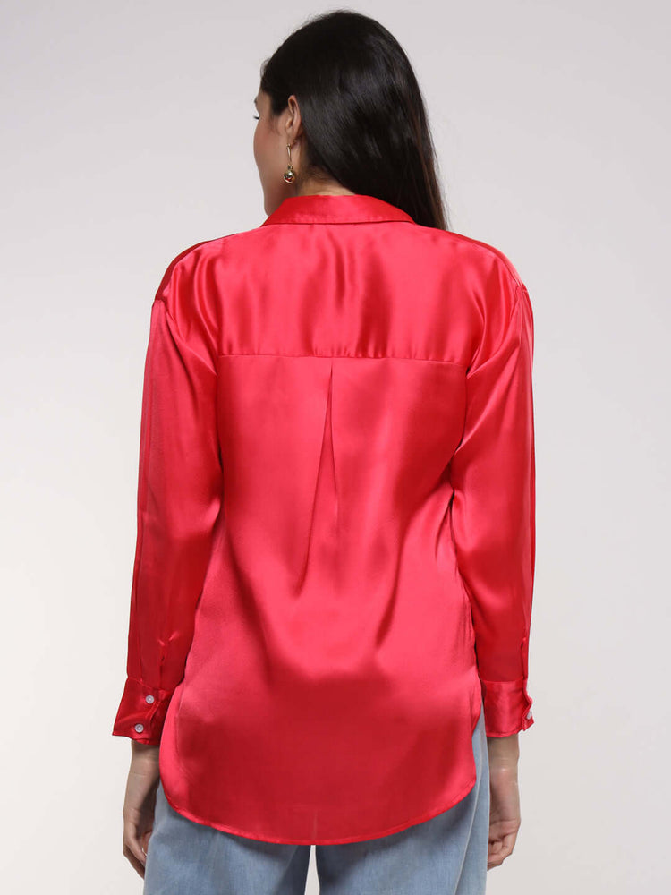 Women'S Premium Ruby Pink Drop Shoulder Oversized Satin Shirt