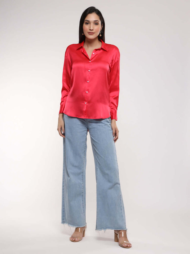 Women'S Premium Ruby Pink Drop Shoulder Oversized Satin Shirt
