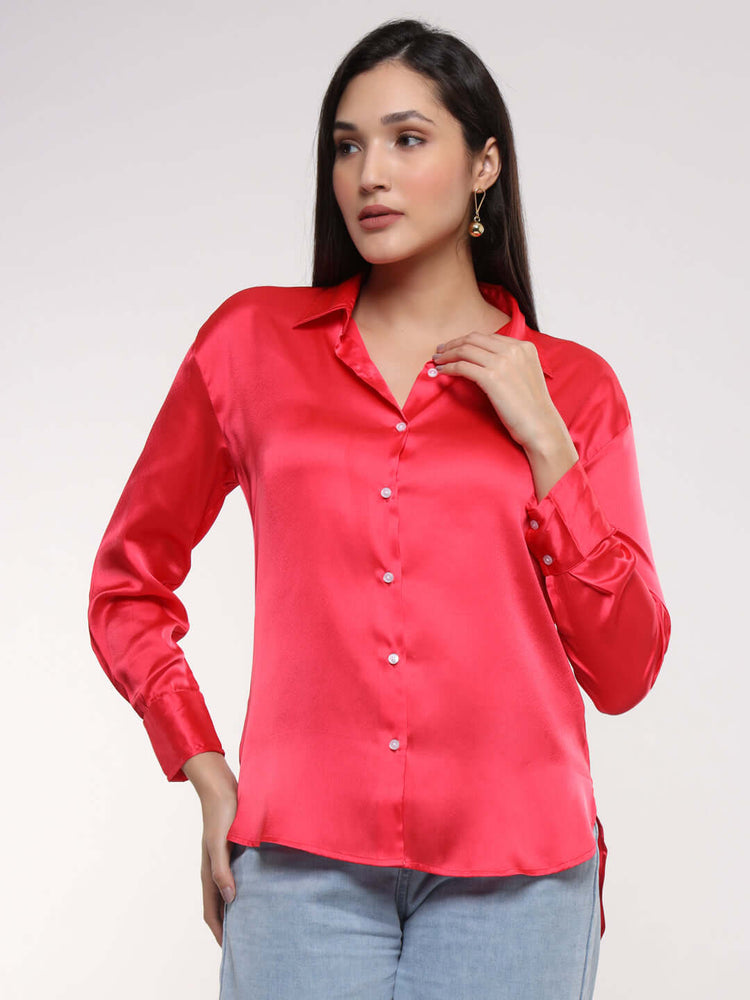 Women'S Premium Ruby Pink Drop Shoulder Oversized Satin Shirt