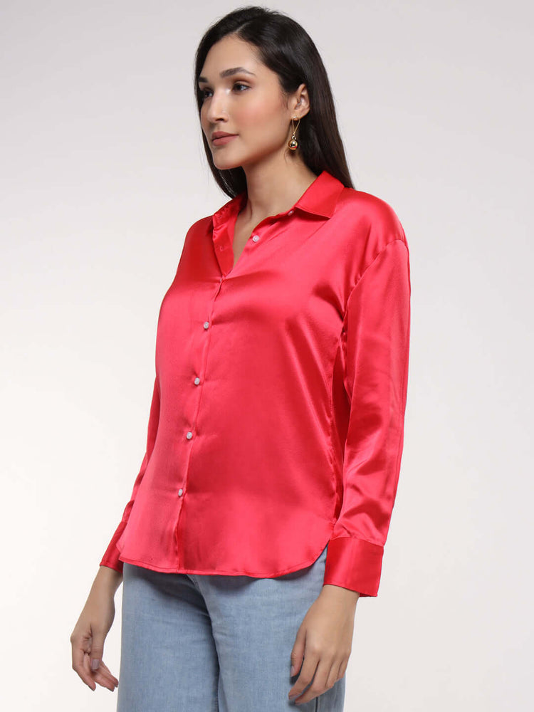 Women'S Premium Ruby Pink Drop Shoulder Oversized Satin Shirt