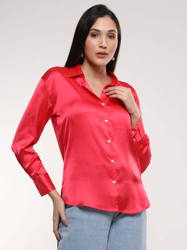 Women'S Premium Ruby Pink Drop Shoulder Oversized Satin Shirt