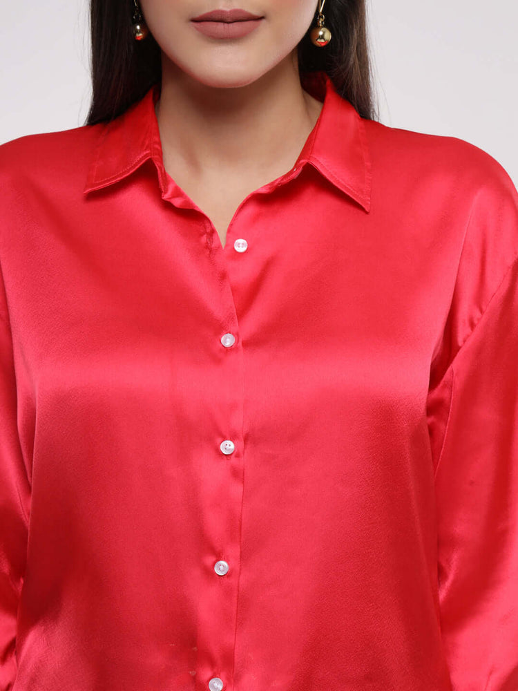 Women'S Premium Ruby Pink Drop Shoulder Oversized Satin Shirt