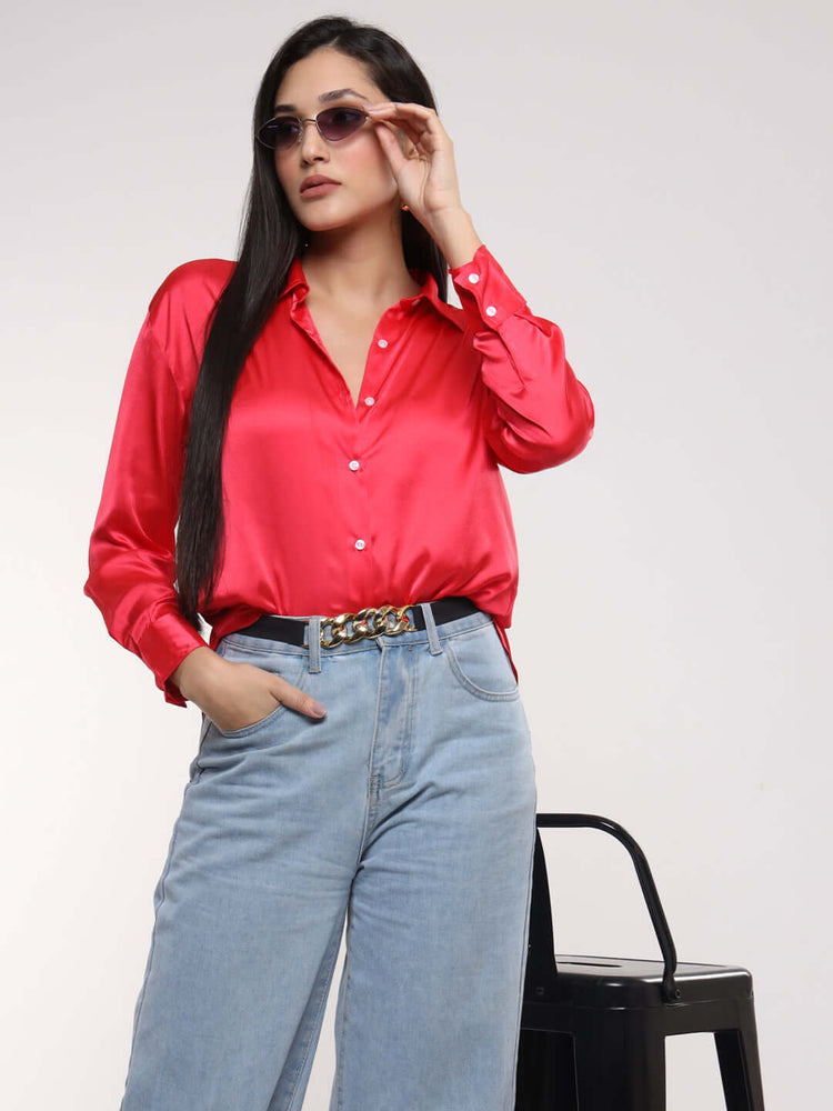 Women'S Premium Ruby Pink Drop Shoulder Oversized Satin Shirt