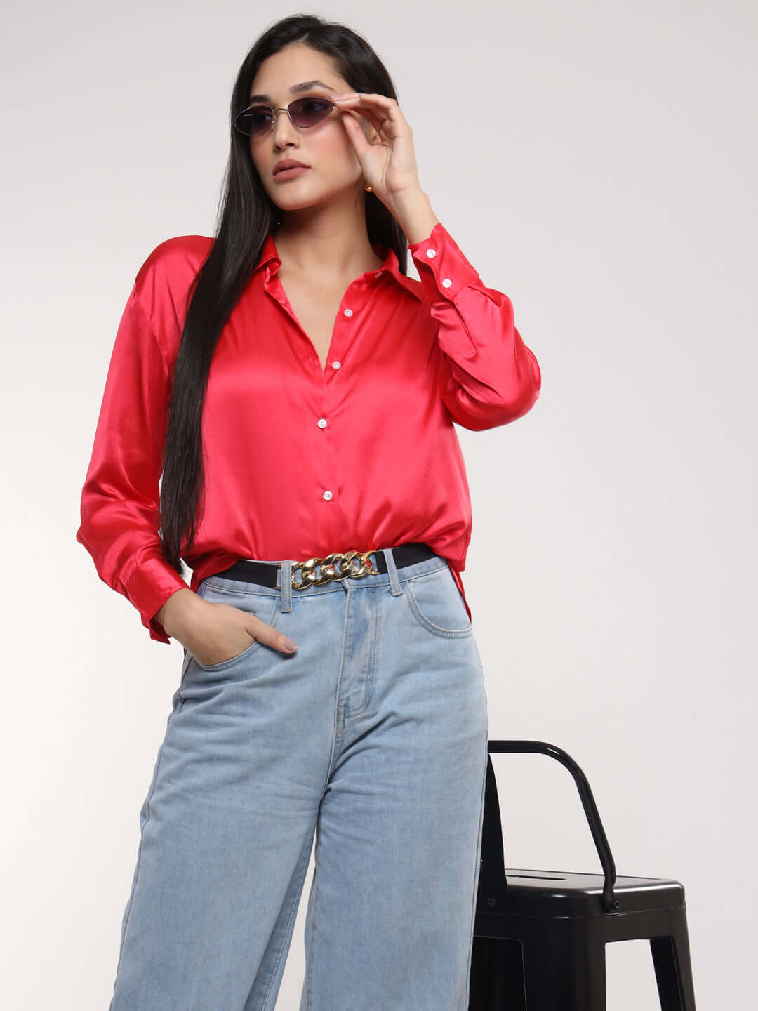 Women's Premium Ruby Pink Drop Shoulder Oversized Satin Shirt