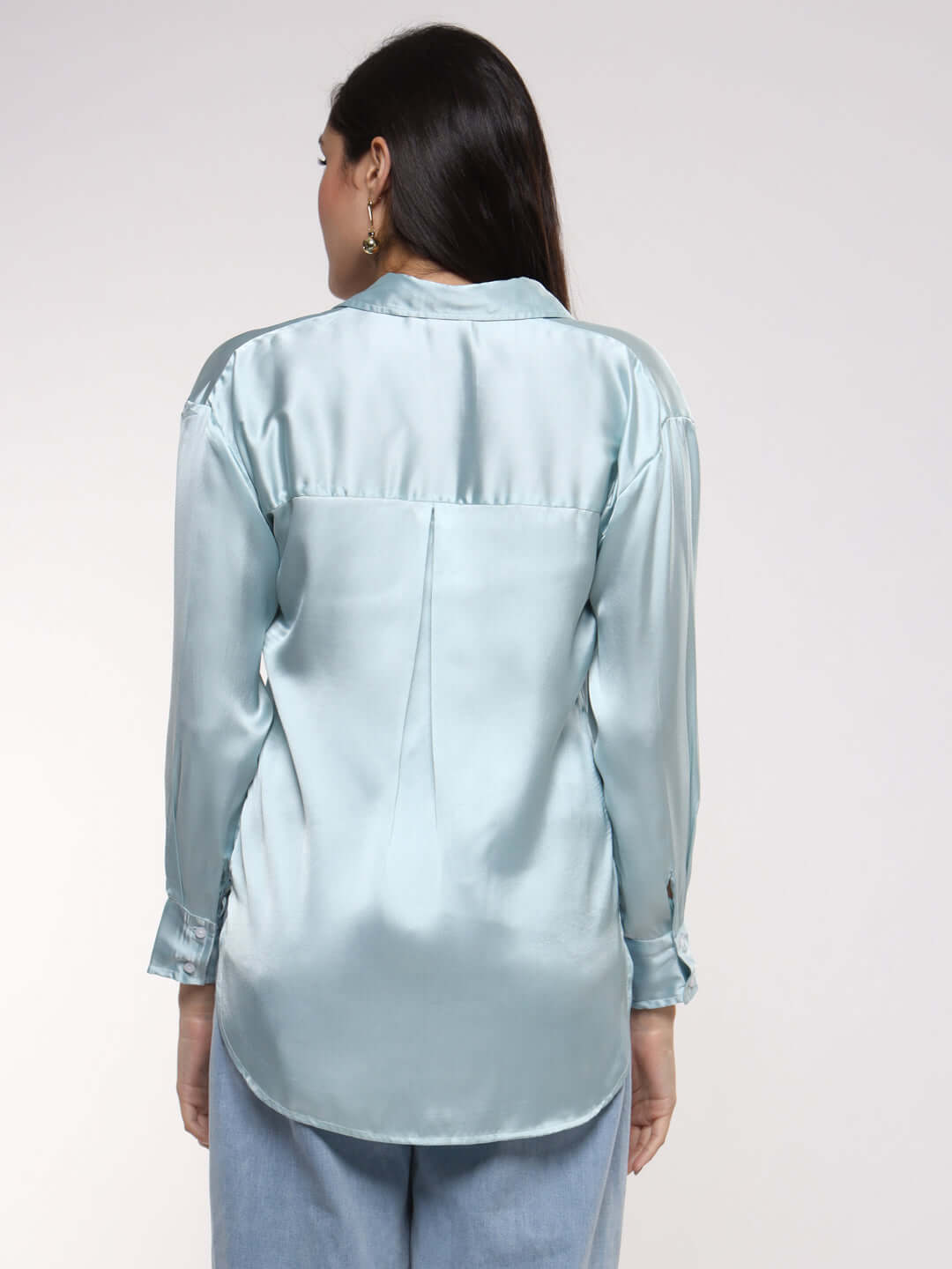 Women's Premium Light Cyan Drop Shoulder Oversized Summer Satin Shirt