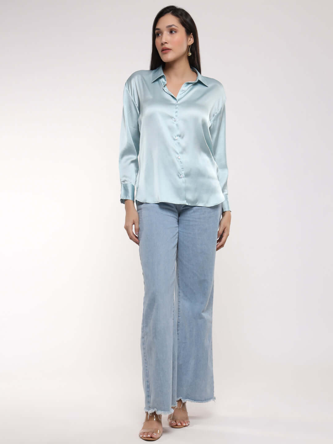 Women's Premium Light Cyan Drop Shoulder Oversized Summer Satin Shirt