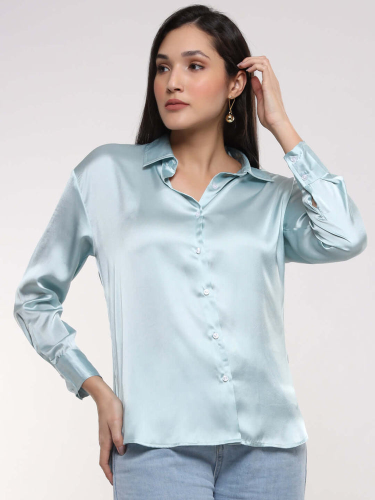 Women'S Premium Light Cyan Drop Shoulder Oversized Satin Shirt