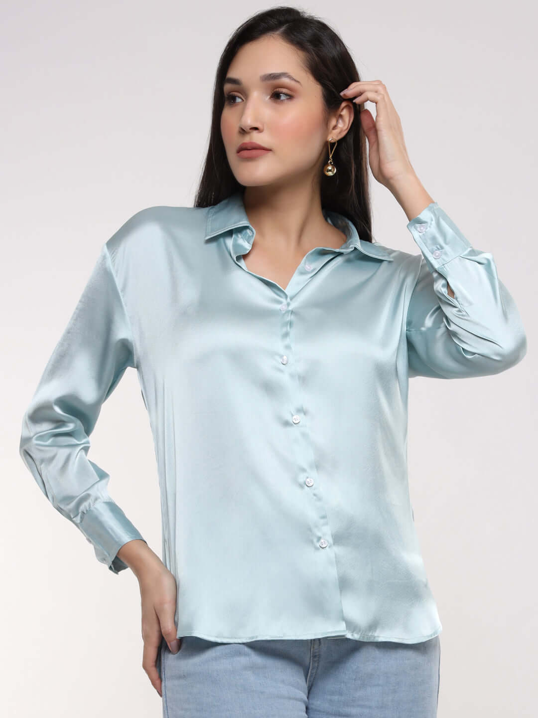 Women's Premium Light Cyan Drop Shoulder Oversized Satin Shirt
