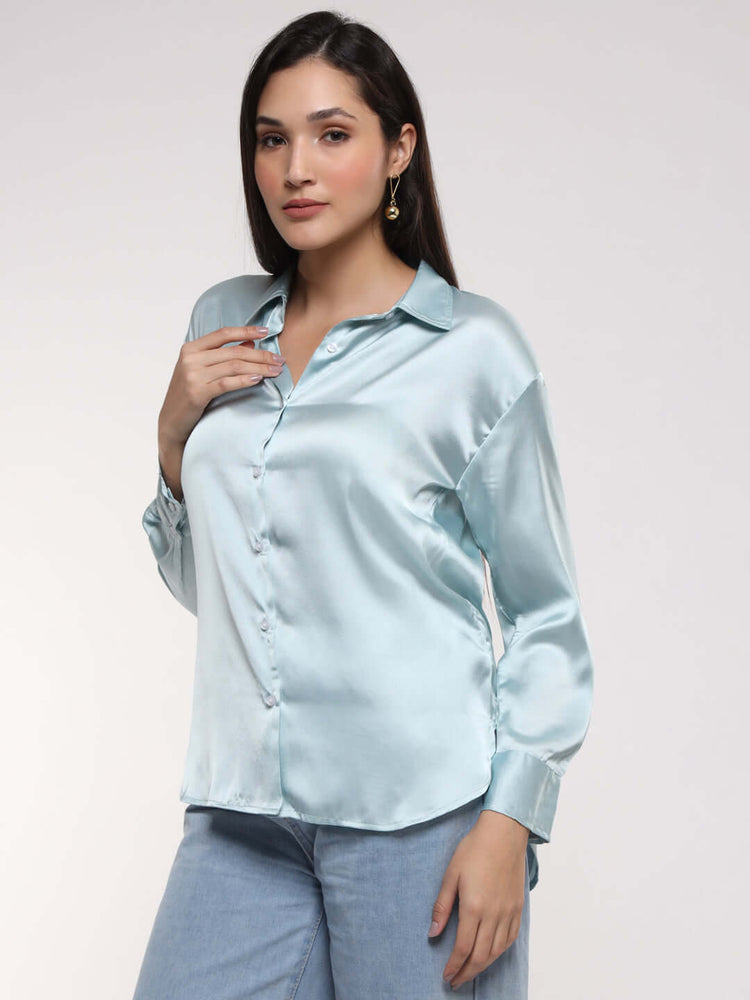 Women'S Premium Light Cyan Drop Shoulder Oversized Satin Shirt