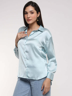 Women's Premium Light Cyan Drop Shoulder Oversized Summer Satin Shirt