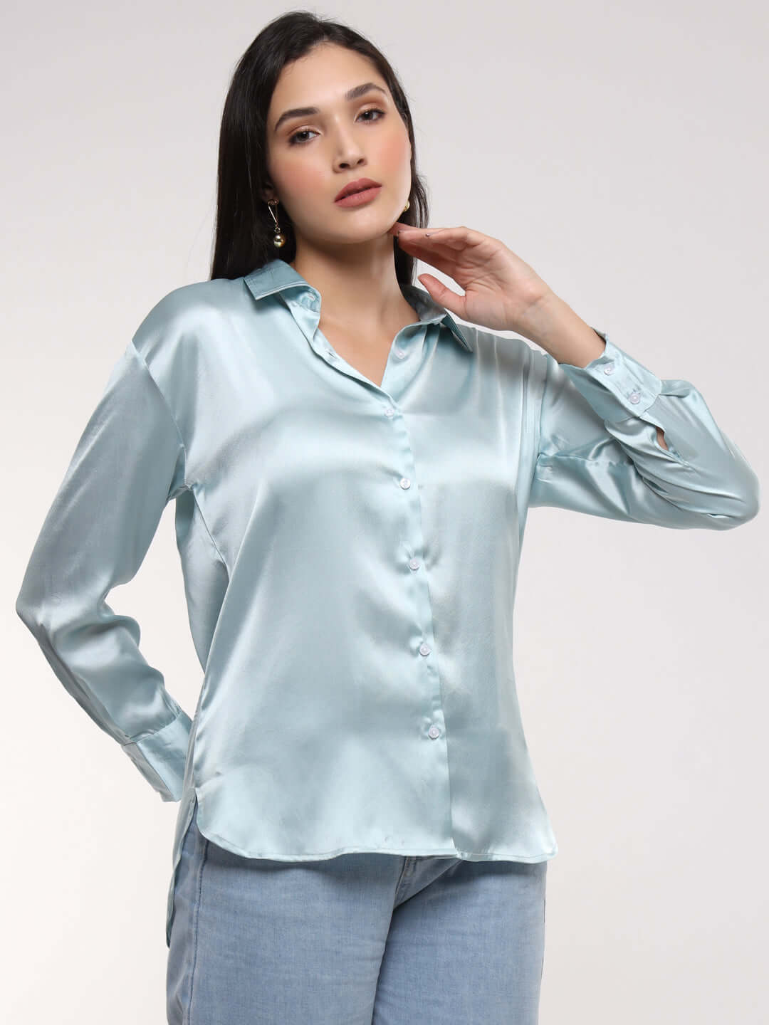 Women's Premium Light Cyan Drop Shoulder Oversized Summer Satin Shirt